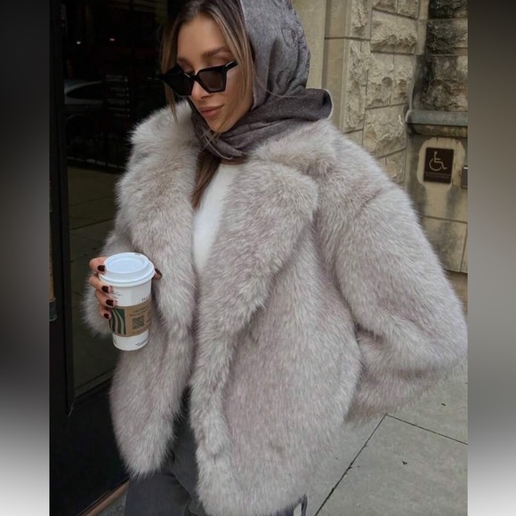 Luxury vintage style cropped oversized faux fur coat gray cream - Picture 2 of 11